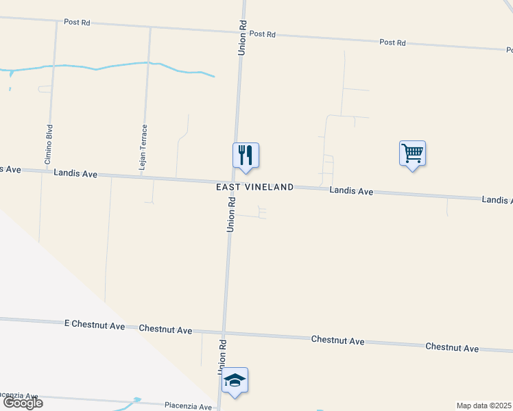 map of restaurants, bars, coffee shops, grocery stores, and more near 615 Union Road in Vineland