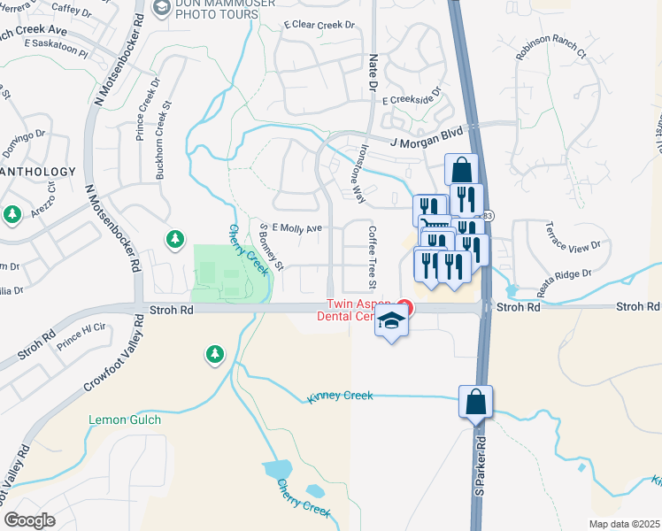 map of restaurants, bars, coffee shops, grocery stores, and more near 19381 East Legend Avenue in Parker