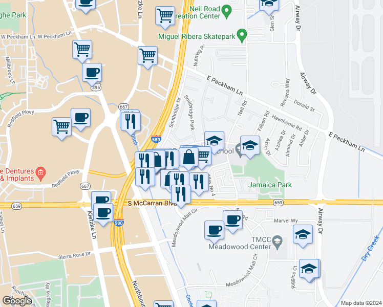 map of restaurants, bars, coffee shops, grocery stores, and more near 584 Smithridge Park in Reno