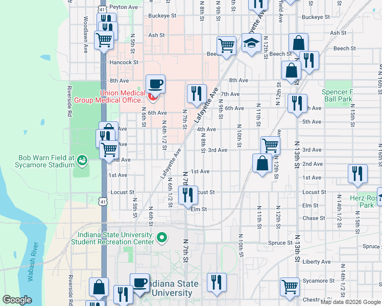 map of restaurants, bars, coffee shops, grocery stores, and more near 715 3rd Avenue in Terre Haute