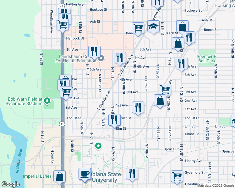 map of restaurants, bars, coffee shops, grocery stores, and more near 715 3rd Avenue in Terre Haute