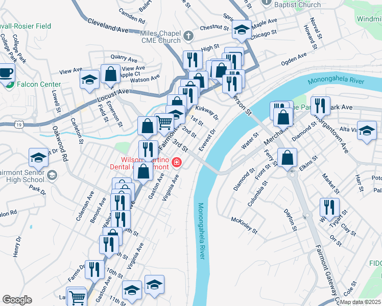 map of restaurants, bars, coffee shops, grocery stores, and more near 301 Virginia Ave in Fairmont