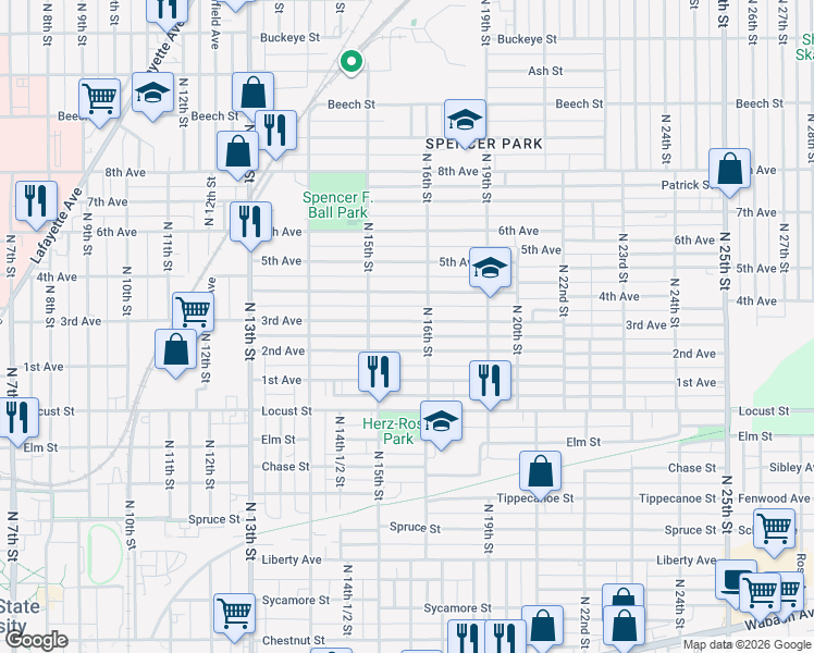 map of restaurants, bars, coffee shops, grocery stores, and more near 1543 3rd Avenue in Terre Haute