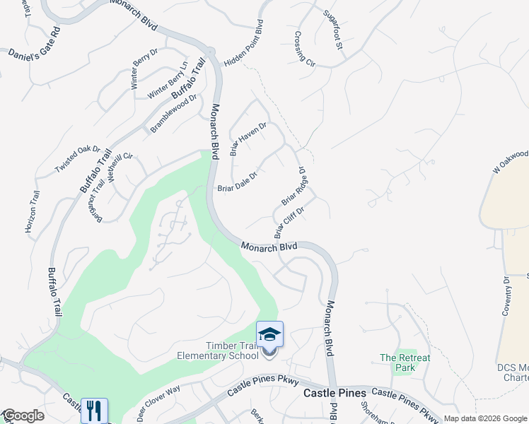 map of restaurants, bars, coffee shops, grocery stores, and more near 711 Briar Ridge Court in Castle Rock