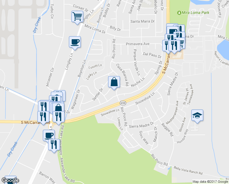 map of restaurants, bars, coffee shops, grocery stores, and more near 4195 Rio Poco Road in Reno