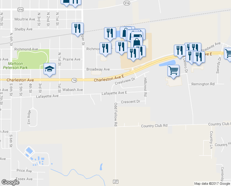 map of restaurants, bars, coffee shops, grocery stores, and more near Lafayette Avenue East in Mattoon
