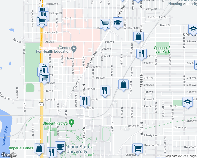 map of restaurants, bars, coffee shops, grocery stores, and more near 823 3rd Avenue in Terre Haute