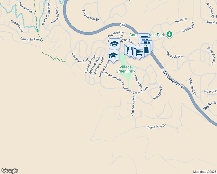 map of restaurants, bars, coffee shops, grocery stores, and more near 4675 Village Green Parkway in Reno