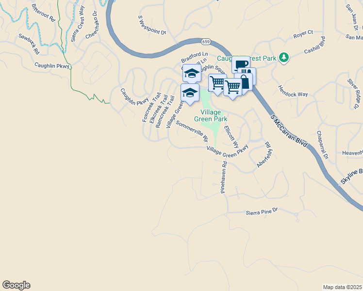 map of restaurants, bars, coffee shops, grocery stores, and more near 4675 Village Green Parkway in Reno