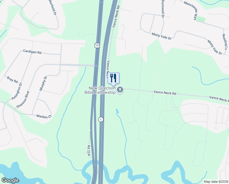 map of restaurants, bars, coffee shops, grocery stores, and more near 640 Vance Neck Road in Middletown