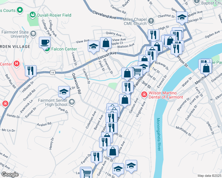 map of restaurants, bars, coffee shops, grocery stores, and more near 501 Coleman Avenue in Fairmont