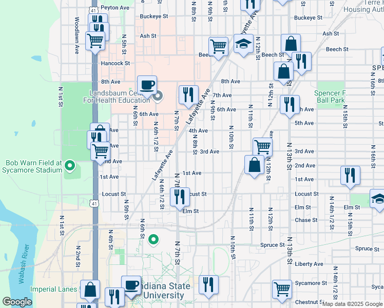 map of restaurants, bars, coffee shops, grocery stores, and more near 715 3rd Avenue in Terre Haute