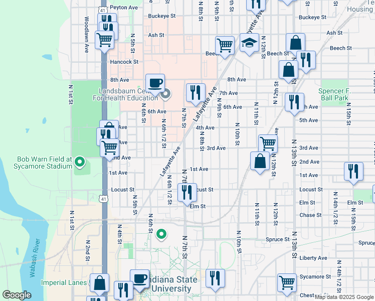 map of restaurants, bars, coffee shops, grocery stores, and more near 715 3rd Avenue in Terre Haute