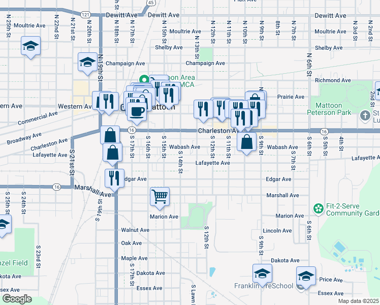 map of restaurants, bars, coffee shops, grocery stores, and more near 312 South 14th Street in Mattoon