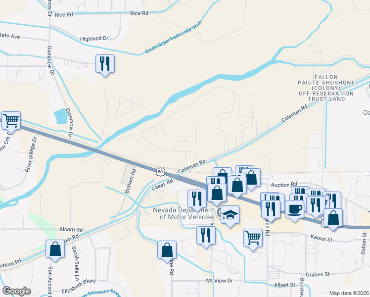 map of restaurants, bars, coffee shops, grocery stores, and more near 2552 Ladera Drive in Fallon