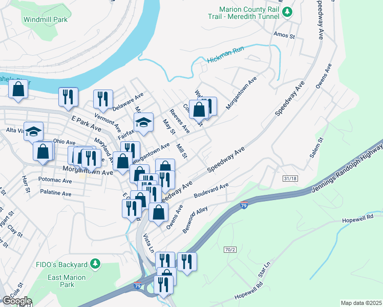 map of restaurants, bars, coffee shops, grocery stores, and more near 216 Mill Street in Fairmont