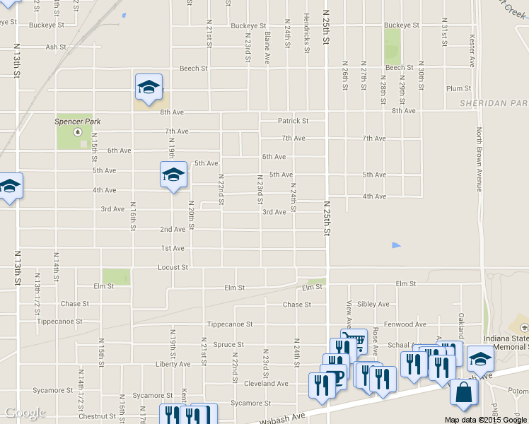 map of restaurants, bars, coffee shops, grocery stores, and more near 2313 3rd Avenue in Terre Haute