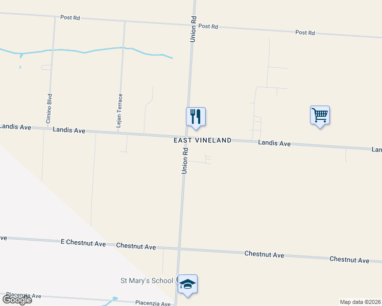 map of restaurants, bars, coffee shops, grocery stores, and more near 615 Union Road in Vineland