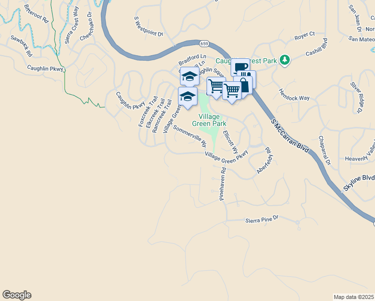 map of restaurants, bars, coffee shops, grocery stores, and more near 4675 Village Green Parkway in Reno