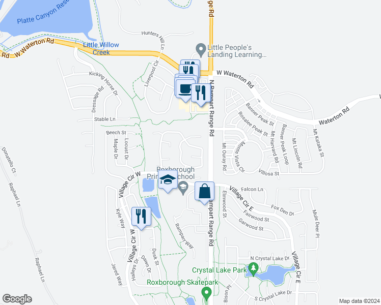 map of restaurants, bars, coffee shops, grocery stores, and more near 10087 Jasmine Court in Littleton