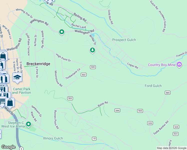 map of restaurants, bars, coffee shops, grocery stores, and more near 647 Moonstone Road in Breckenridge