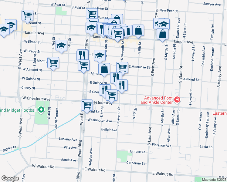 map of restaurants, bars, coffee shops, grocery stores, and more near 632 East Cherry Street in Vineland