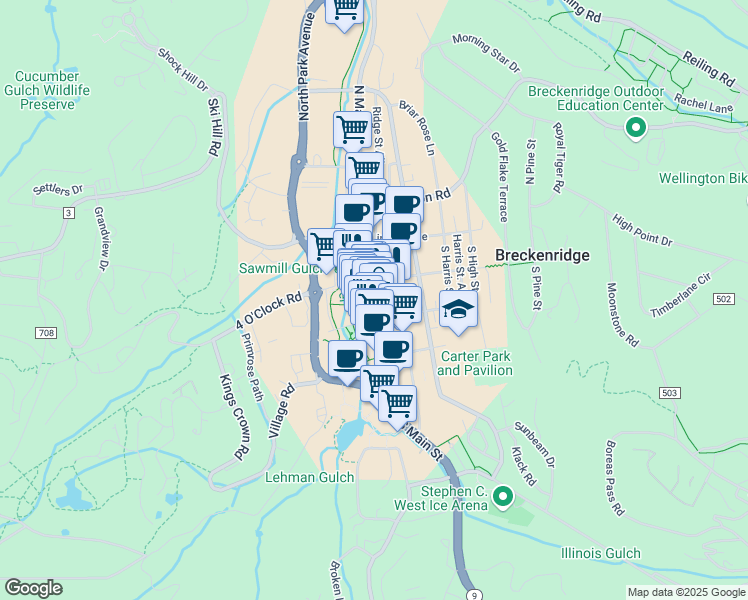 map of restaurants, bars, coffee shops, grocery stores, and more near 222 South Main Street in Breckenridge