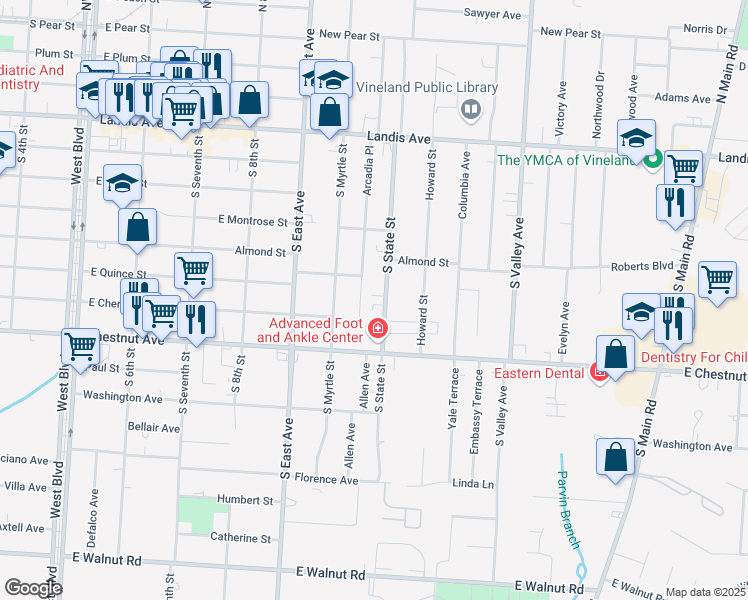 map of restaurants, bars, coffee shops, grocery stores, and more near 70 South State Street in Vineland