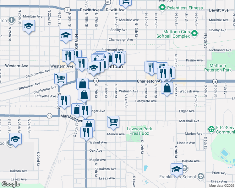 map of restaurants, bars, coffee shops, grocery stores, and more near 1421 Wabash Avenue in Mattoon