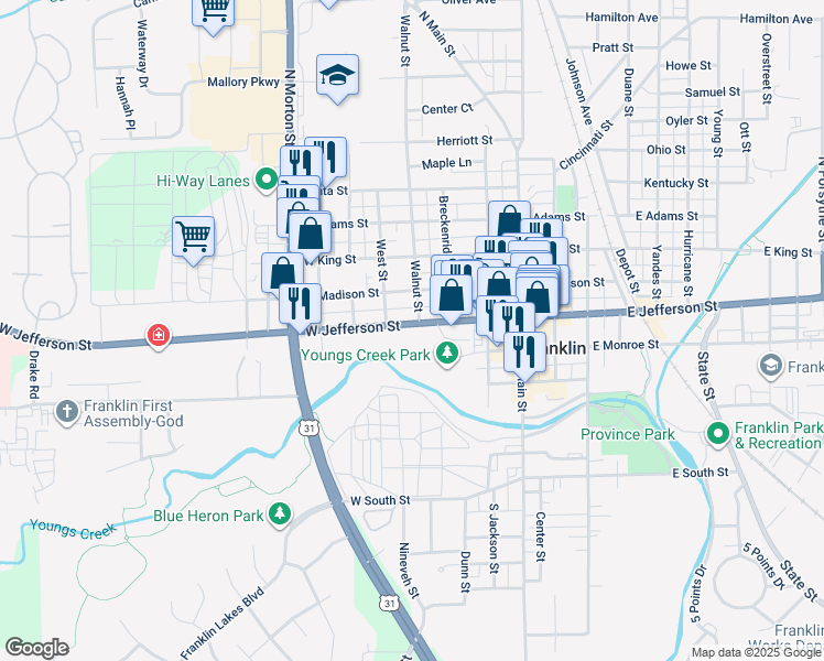 map of restaurants, bars, coffee shops, grocery stores, and more near 301 West Jefferson Street in Franklin