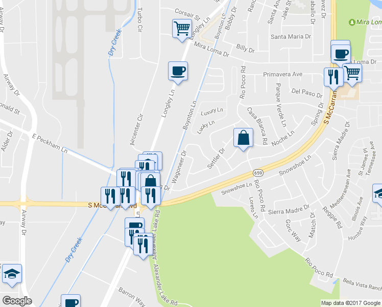 map of restaurants, bars, coffee shops, grocery stores, and more near 3740 Amador Way in Reno