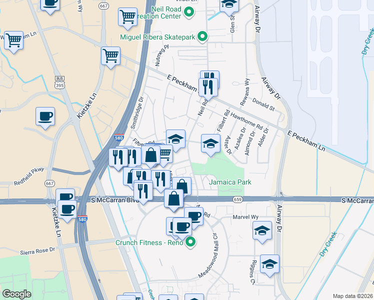 map of restaurants, bars, coffee shops, grocery stores, and more near 4801 Neil Road in Reno