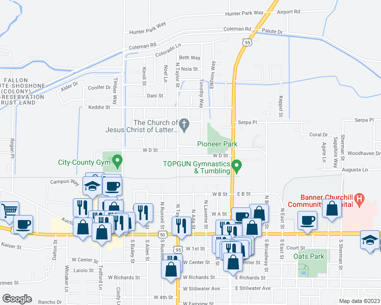 map of restaurants, bars, coffee shops, grocery stores, and more near 320 West D Street in Fallon