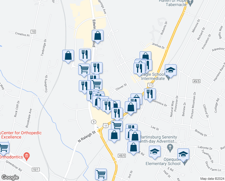 map of restaurants, bars, coffee shops, grocery stores, and more near 14 Catalpa Court in Martinsburg