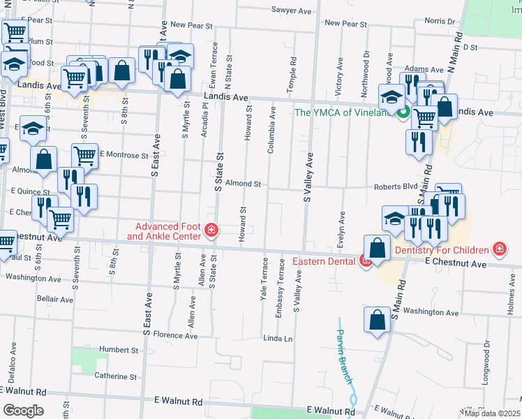map of restaurants, bars, coffee shops, grocery stores, and more near 70 Columbia Avenue in Vineland
