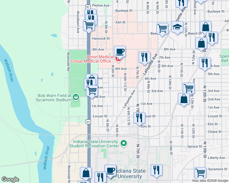 map of restaurants, bars, coffee shops, grocery stores, and more near 1112 North 6th Street in Terre Haute