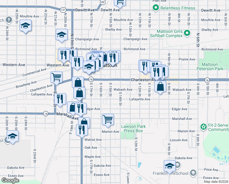 map of restaurants, bars, coffee shops, grocery stores, and more near 1421 Wabash Avenue in Mattoon