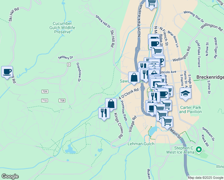 map of restaurants, bars, coffee shops, grocery stores, and more near 149 Sawmill Road in Breckenridge