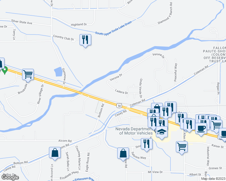 map of restaurants, bars, coffee shops, grocery stores, and more near 2719 Ladera Drive in Fallon