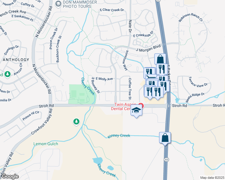 map of restaurants, bars, coffee shops, grocery stores, and more near 19255 East Legend Avenue in Parker