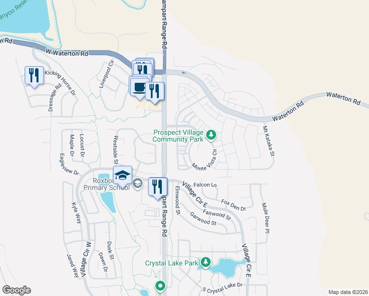 map of restaurants, bars, coffee shops, grocery stores, and more near Mount Ouray Road in Roxborough Park