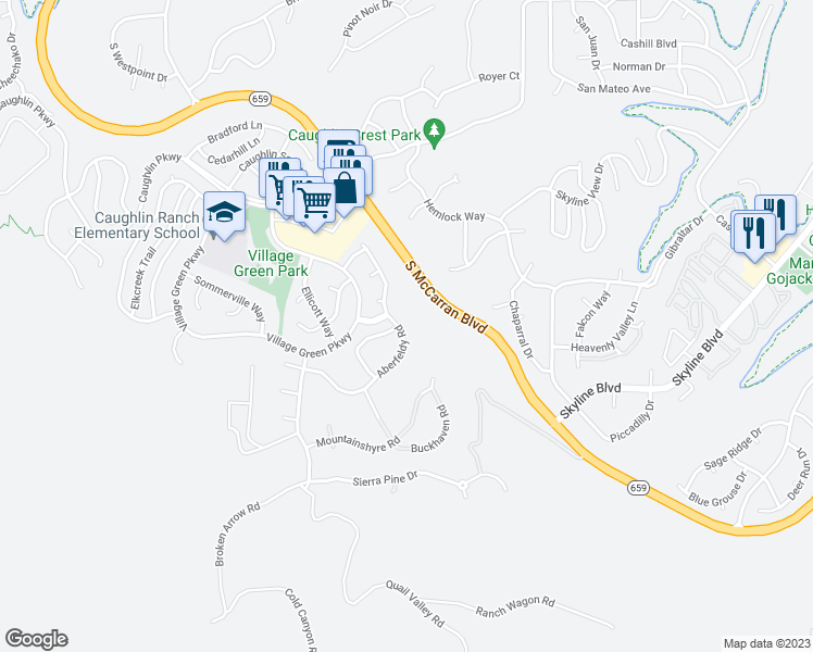map of restaurants, bars, coffee shops, grocery stores, and more near 4770 Aberfeldy Road in Reno