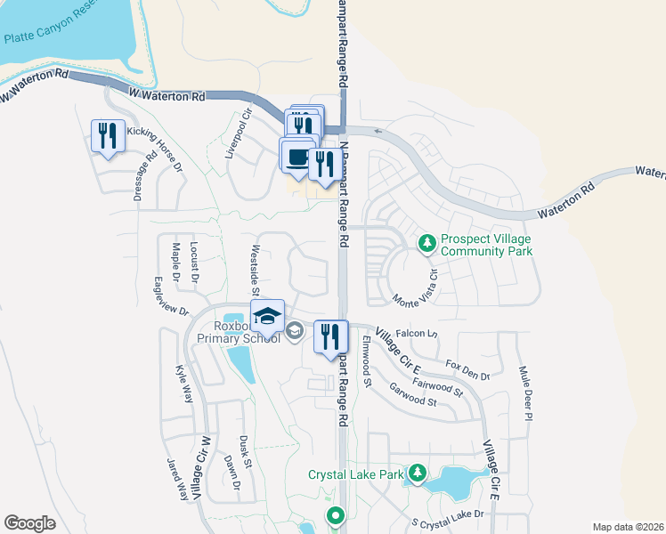 map of restaurants, bars, coffee shops, grocery stores, and more near 10028 Westside Circle in Littleton
