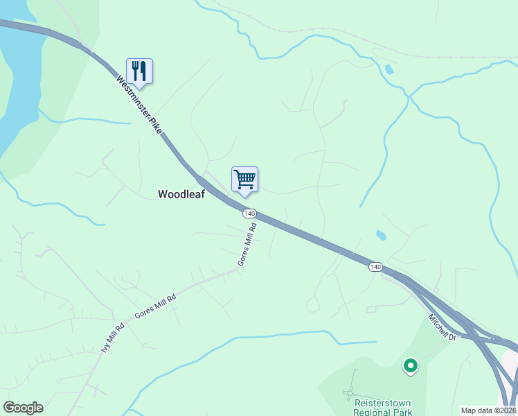 map of restaurants, bars, coffee shops, grocery stores, and more near 720 Westminster Pike in Reisterstown