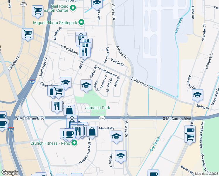 map of restaurants, bars, coffee shops, grocery stores, and more near 4640 Almond Drive in Reno