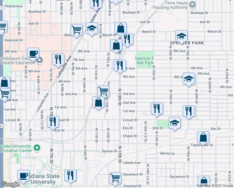 map of restaurants, bars, coffee shops, grocery stores, and more near 1275 3rd Avenue in Terre Haute