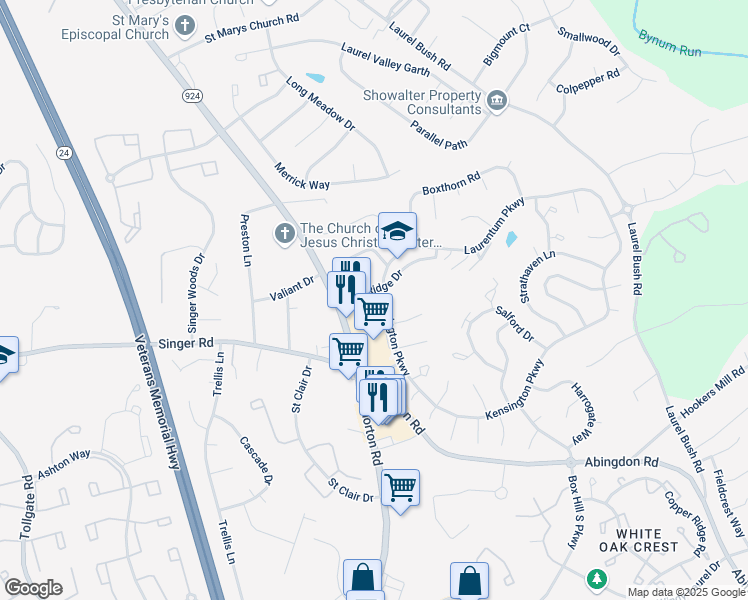 map of restaurants, bars, coffee shops, grocery stores, and more near 2901 Kensington Parkway in Abingdon