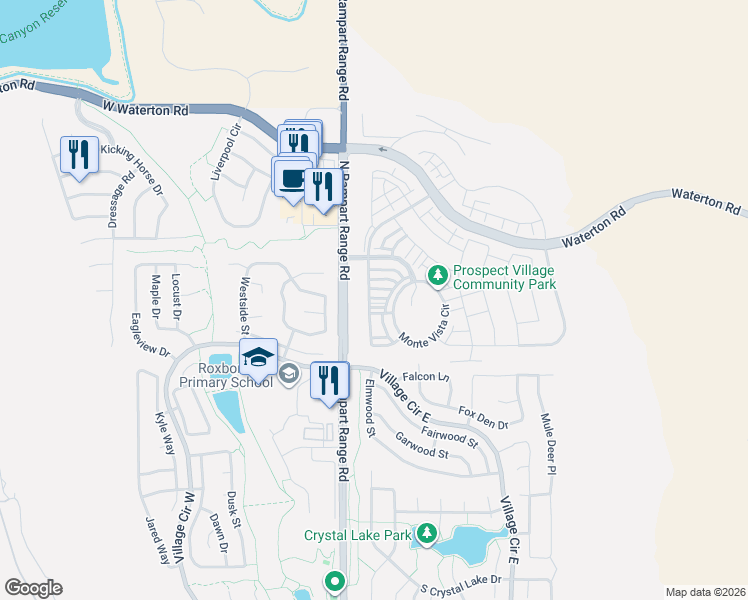 map of restaurants, bars, coffee shops, grocery stores, and more near Mount Ouray Road in Roxborough Park
