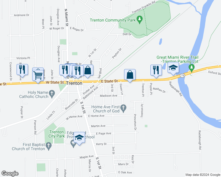 map of restaurants, bars, coffee shops, grocery stores, and more near 105 3rd Street in Trenton