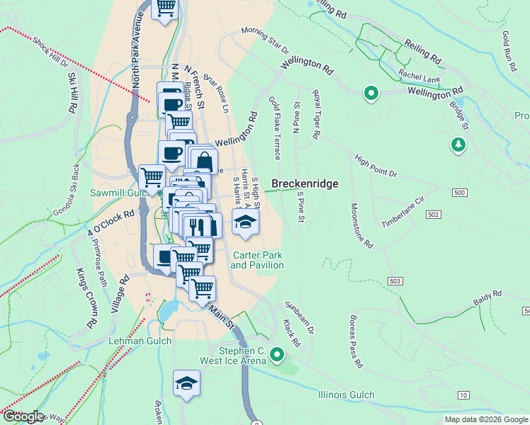 map of restaurants, bars, coffee shops, grocery stores, and more near 250 South High Street in Breckenridge